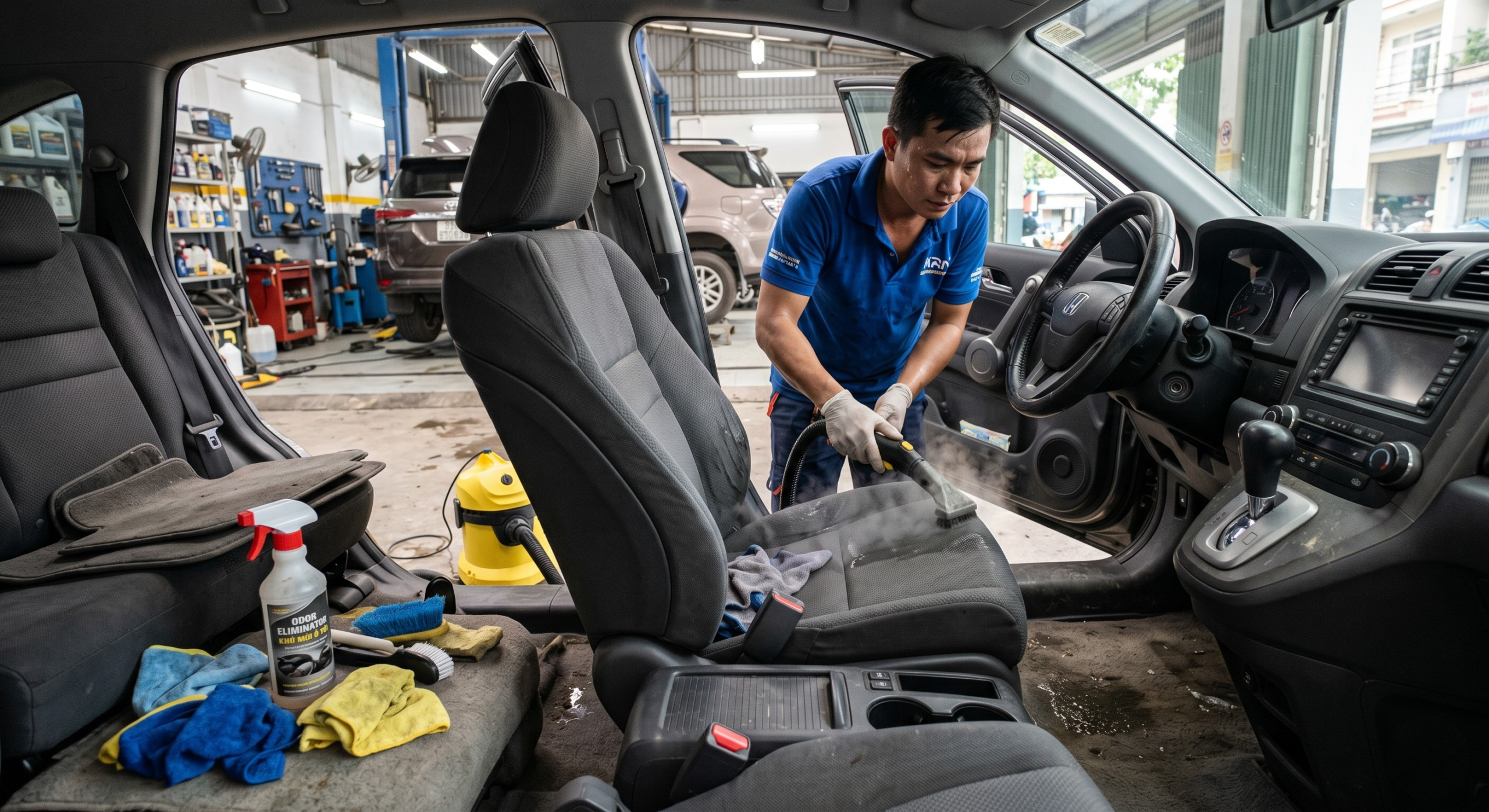 Kỹ thuật viên dùng máy hấp hơi nước nóng làm sạch và khử mùi ghế nỉ ô tô tại garage Chí Cường Auto